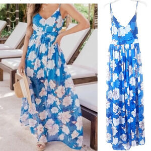 Pink Lily Blue Floral Sheer Maxi Dress Elegant Party Wedding M Cruise Feminine